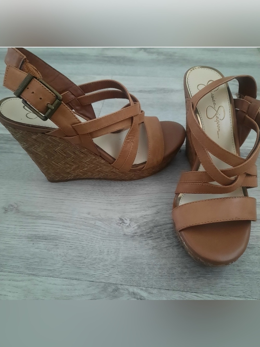 Jessica Simpson Brown Wedge Sandals with Strappy Faux-Leather Upper - Size 8